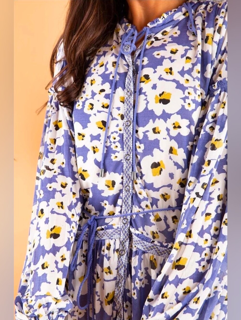 Free People Lover Floral Tunic Lavender White Boho Long Sleeve Tie Neck Women - Picture 4 of 10